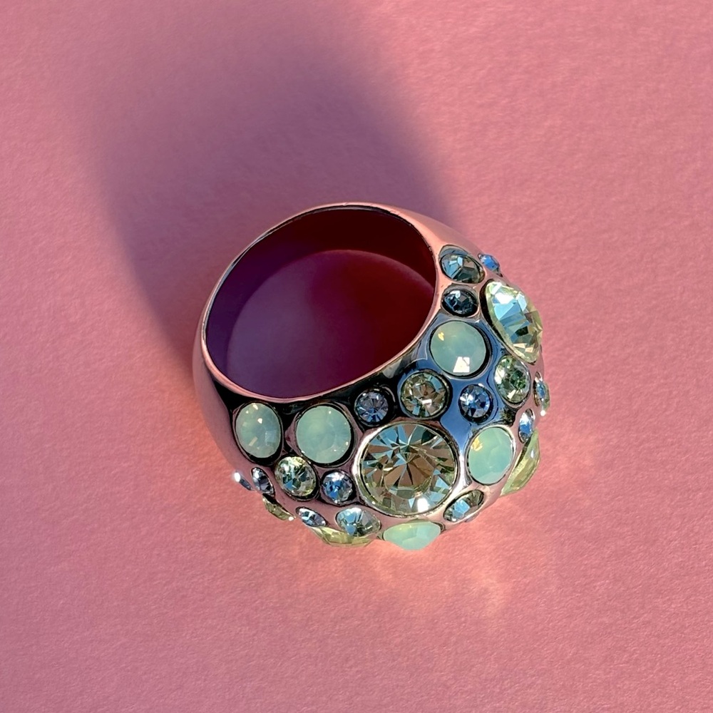 Aqua Crystal Rhinestone Encrusted Sterling Silver Statement Ring